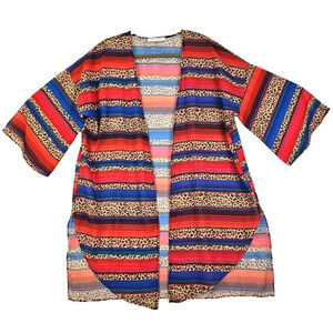 Giddy Up Glamor ~Size M/L~ Red/Blue Kimono Multicolor Print Open Front Boho Top.